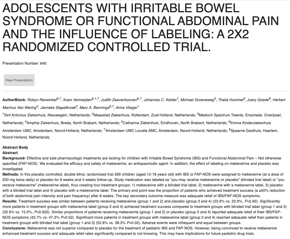 #MyFavAbstract 640 #DDW2024: Mebeverine vs placebo in adolescents with IBS/functional abdominal pain. 🏷️LABELING led to higher treatment success & adequate relief rates, despite no actual difference in medication! #IBS #pediatric #clinicaltrials