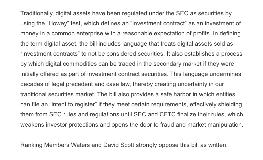 NEW: House Democratic leaders said today they will NOT whip against House Republicans' crypto bill, I'm told. The whip question sent to members this a.m. says that Waters and Scott 'strongly oppose' the legislation, but does not urge them to vote 'no': politico.com/f/?id=0000018f…