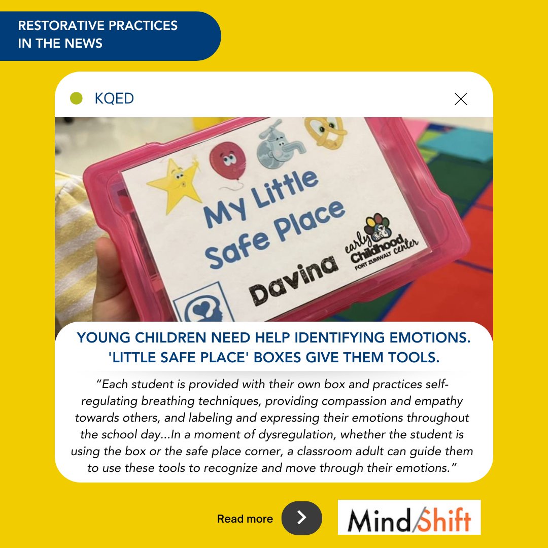 Discover how this early childhood educator developed 'Little Safe Place' boxes to assist her students in becoming more aware of their emotions and how to regulate them. Read the article to learn more! 👉 bit.ly/3QXsM4D #IIRP #RestorativePractices #IIRPSelfCareWeek