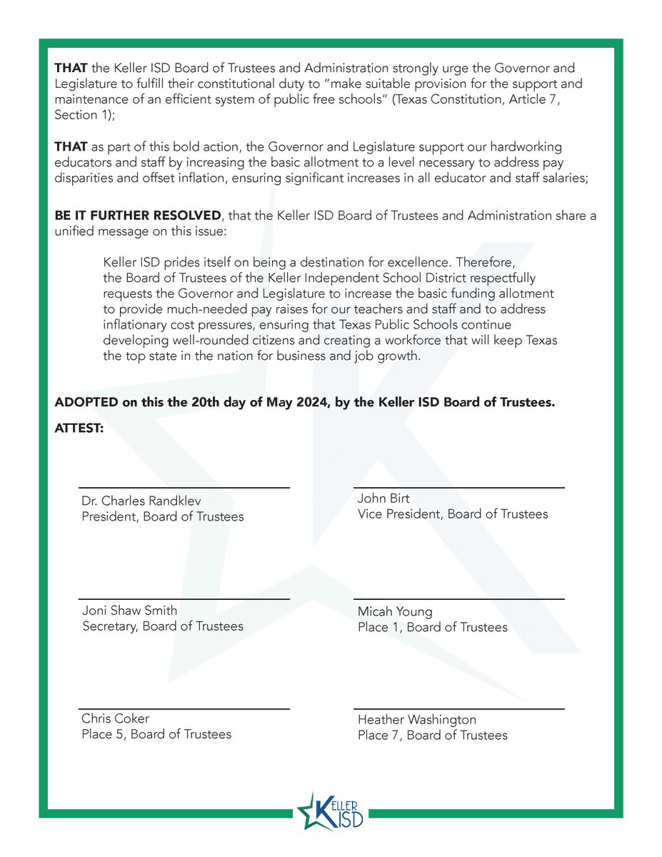 Trustees approve a Resolution Regarding the Vital Role of Educators and Staff in Texas 6-0. The action brings to the Governor and Legislature’s attention that the Governor's own task force recommended increasing teacher/staff pay and calls for an increase in the basic allotment.