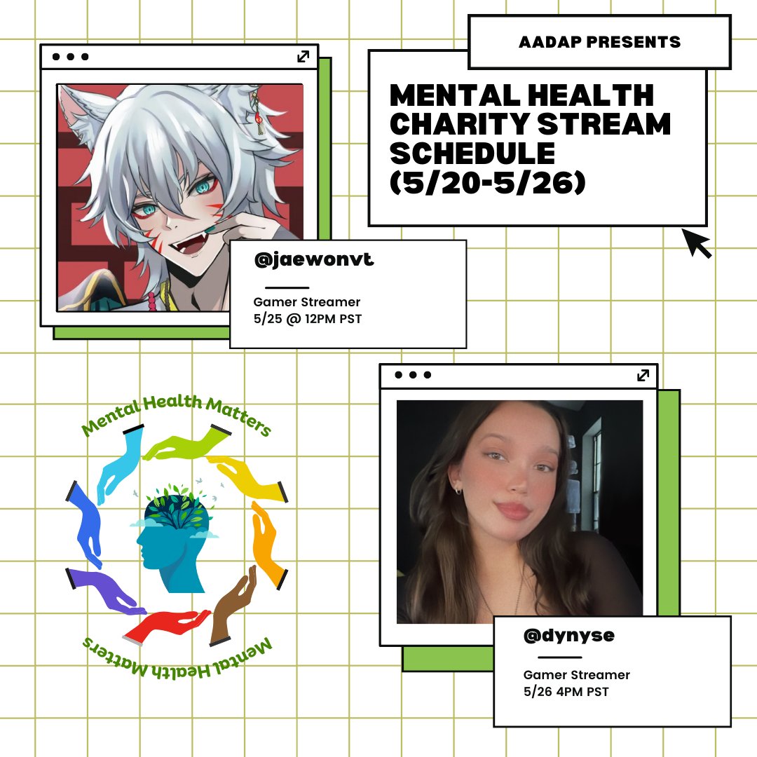 Here is the Mental Health Charity Streaming Schedule for this week (5/20-5/26). This is the second to last week before the end of May! Please tune into the streams and support if you can! ❤️  #MentalHealthAwareness #CharityStream #MayMentalHealth