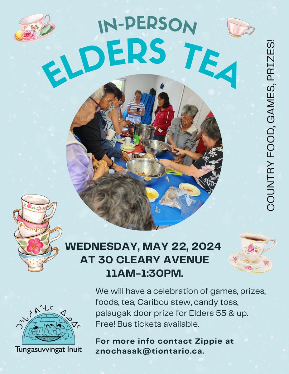 Join us for Elders Tea in person! Wednesday, May 22, 2024 at 30 Cleary Avenue, from 11am-1:30pm. 🍵🍵 For more info and to register contact Zippie at znochasak@tiontario.ca.