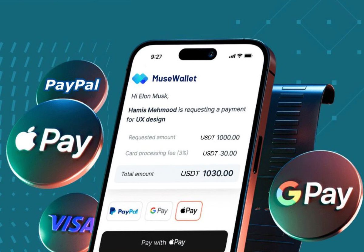 Say goodbye to payment hassles with #MuseWallet! We integrate all your favorite payment methods - PayPal, Apple Pay, Google Pay, and Visa - for effortless payments. Simplifying how you pay for services. 
#Fintech #PaymentSolutions #TechInnovation #Crypto