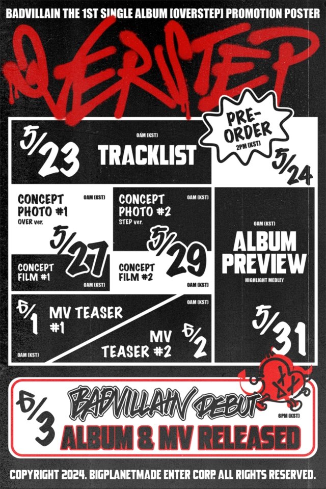 .@BADVILLAIN_BPM unveiled the promotional schedule for the debut album 'OVERSTEP,' set to release on June 3. As the first girl group from @bpmentofficial, #BADVILLAIN includes Emma, Chloe Young from 'Street Woman Fighter,' Hue, and Yun Seo from 'My Teenage Girls' as its members.