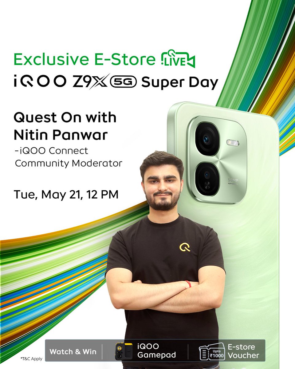 Don’t miss out! Tune in today at 12PM for an exclusive #iQOOZ9x E-store live session with our #iQOOConnect Community Moderator @nitinpanwar0005. Watch and win* an iQOO Gamepad and E-Store vouchers. *T&C Apply Watch here: bit.ly/3yrJnam #iQOO #iQOOZ9x #EStoreLive