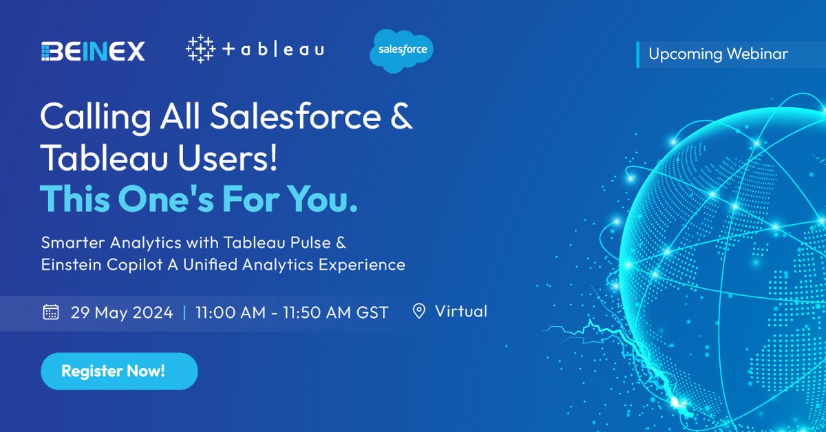 BeinexOfficial's tweet photo. Hello, #Salesforce and #Tableau users! Join the free #webinar to transform your #analytics game and redefine how you use data within your enterprise. Explore #smarteranalytics with #TableauPulse and #EinsteinCopilot. Register now: https://t.co/qibouFaOtI
#beinex #webinarinvite https://t.co/yLBpt2QW6u