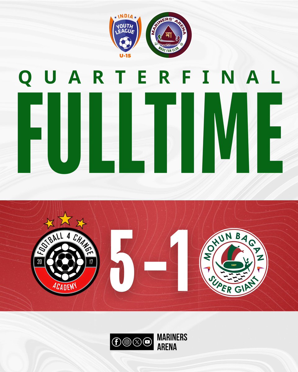 A dominating performance by Football 4 Change Academy as our U-15 campaign ends in the Quarter Finals. 💔
Only Goal scored by Rintu for us. It has been a learning experience for our boys.

@mohunbagansg @Mohun_Bagan 

#aiff #u15 #juniorleague #MBSG #marinersarena #joymohunbagan