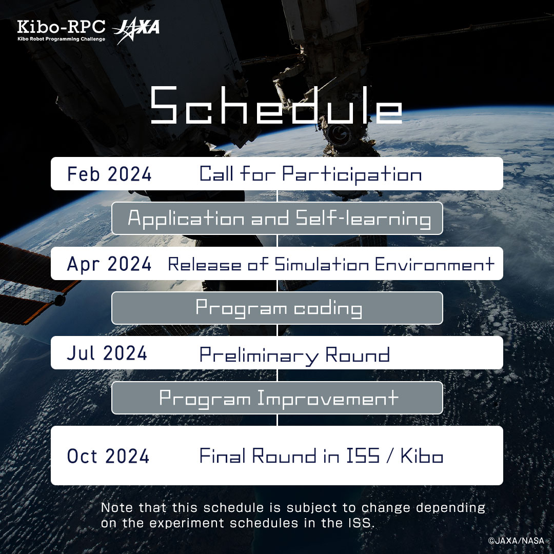 #KiboRPC Schedule 📧 Application opens (Deadline May 27) 💻 Simulator is available! 🔻 Program coding 💻 Preliminary Round in Jun.-Jul. 🔻 Program improvements 🥇 Final Round in #ISS / Kibo in Oct. Feel closer to space! Hone your programming skills! ✨ humans-in-space.jaxa.jp/en/biz-lab/new…