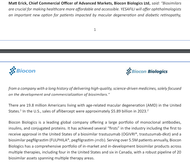 vluxeinvests's tweet image. #Biocon Biologics secures #USFDA approval for its biosimilar Aflibercept, branded as Yesafili™. This milestone marks their entry into the US ophthalmology market! 👁️💉

#BioconBiologics #FDAApproval #Ophthalmology #Biosimilar #Yesafili #HealthcareInnovation #PharmaNews