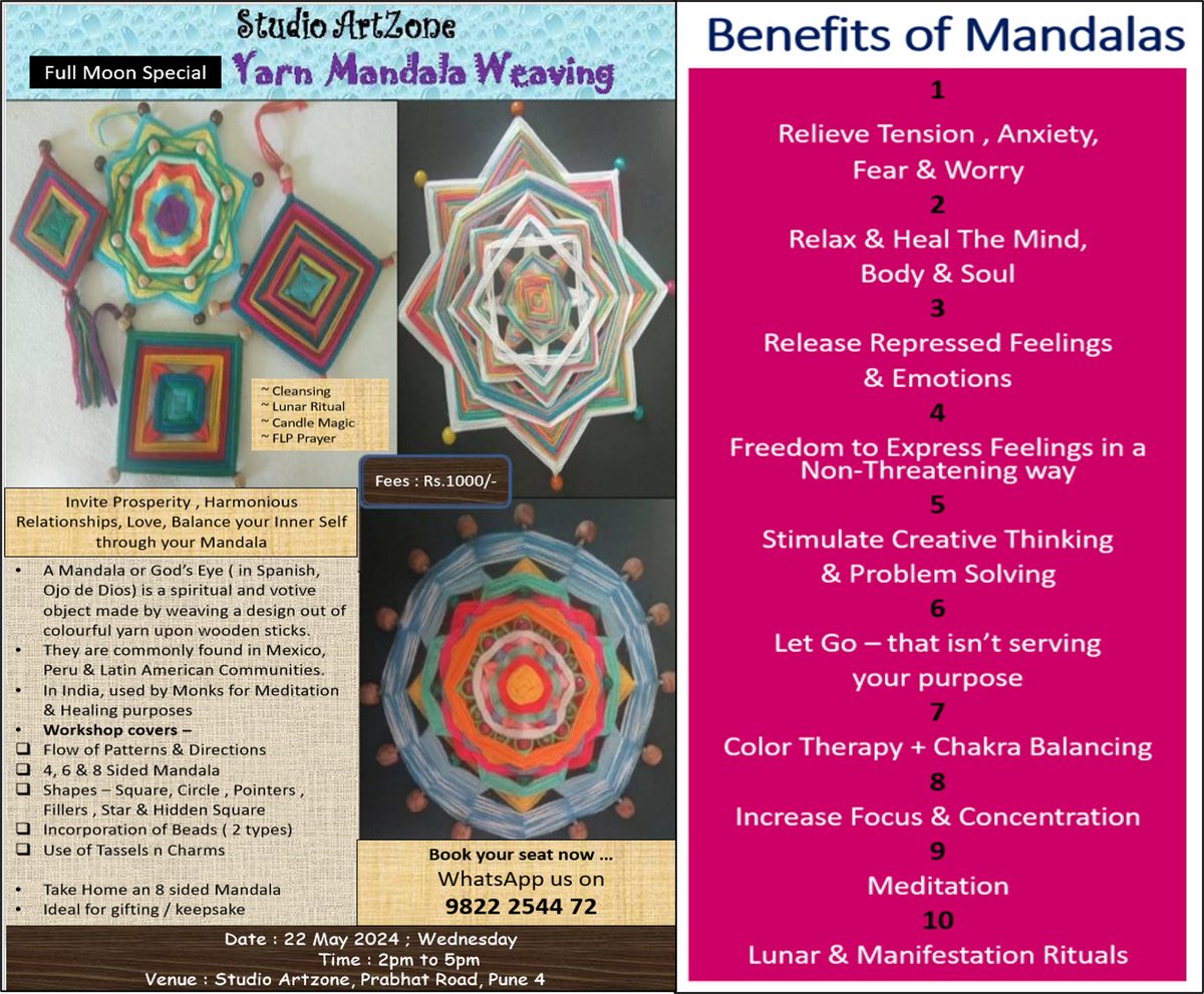#FullMoonSpecial #FullMoonRituals #YarnMandala #MandalaWeaving #MandalaMeditation #4ElelmentMandala #FestiveSeason #Pune #WorkshopsinPune #OjoDeDios #GodsEye
Yarn Mandala Weaving Workshop @ Studio Artzone
~ 22 May;'24 (Wed) ; 2pm to 5pm .. Rs.1000/-
Whatsapp Register - 9822254472