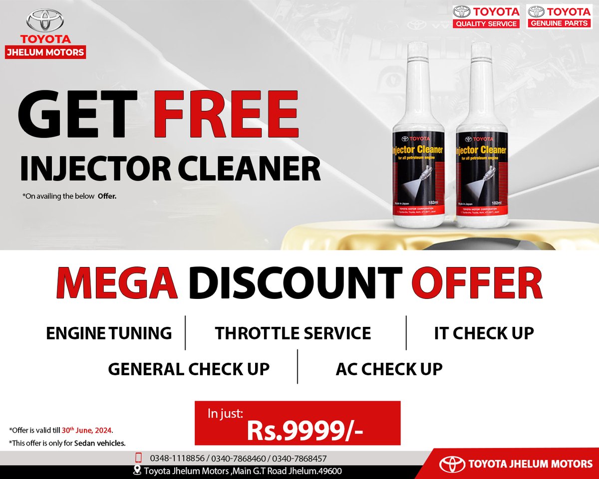 Get a free injector cleaner with engine tuning, throttle service, IT check-up, general check-up, and AC check-up for just Rs. 9999/- at Toyota Jhelum Motors! Book now! 

#ToyotaJhelum #DiscountOffer #CarCare #ToyotaService #ToyotaPakistan #MegaDiscount #CarCare #InjectorCleaner