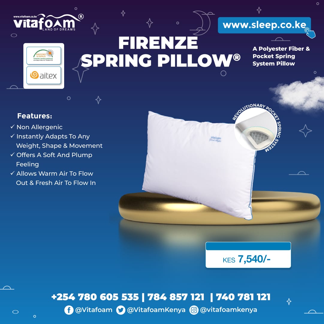🌟🌀☁️🙋‍♀️ 🛌🏾 #SleepBetter With Our Amazing Firenze® Pocket Spring Pillow Only From #VitaFoamKenya®! 🛌🏾🙋‍♂️☁️🌀🌟

☎ For All *Mattress, *Pillow, *Bed & *Sleep Accessory Enquiries, Orders & Deliveries: 0780 605 535 | 740 781 121

📍 Locations >>> bit.ly/30VqOrf
