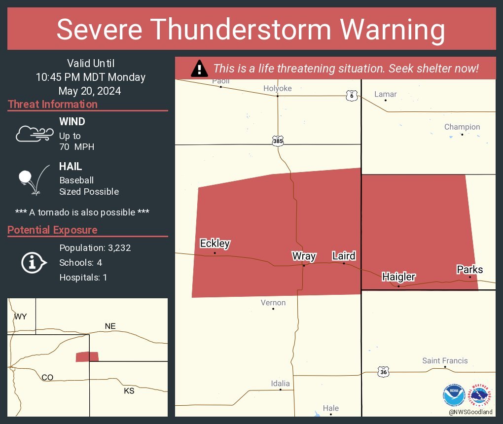 LimWeather's tweet photo. #PDS #SevereThunderstormWarning with #Tornado possible for NE #Colorado and SW #Nebraska's #Eckley,#Wray,#Laird,#Haigler,#Parks due to Baseball sized #Hail! #TakeCover now!
#Wxtwitter #SevereWx #SPC #wxx #Wind #NEwx #COwx #TornadoAlley #ParticularlyDangerousSituation https://t.co/juR43jFpxN