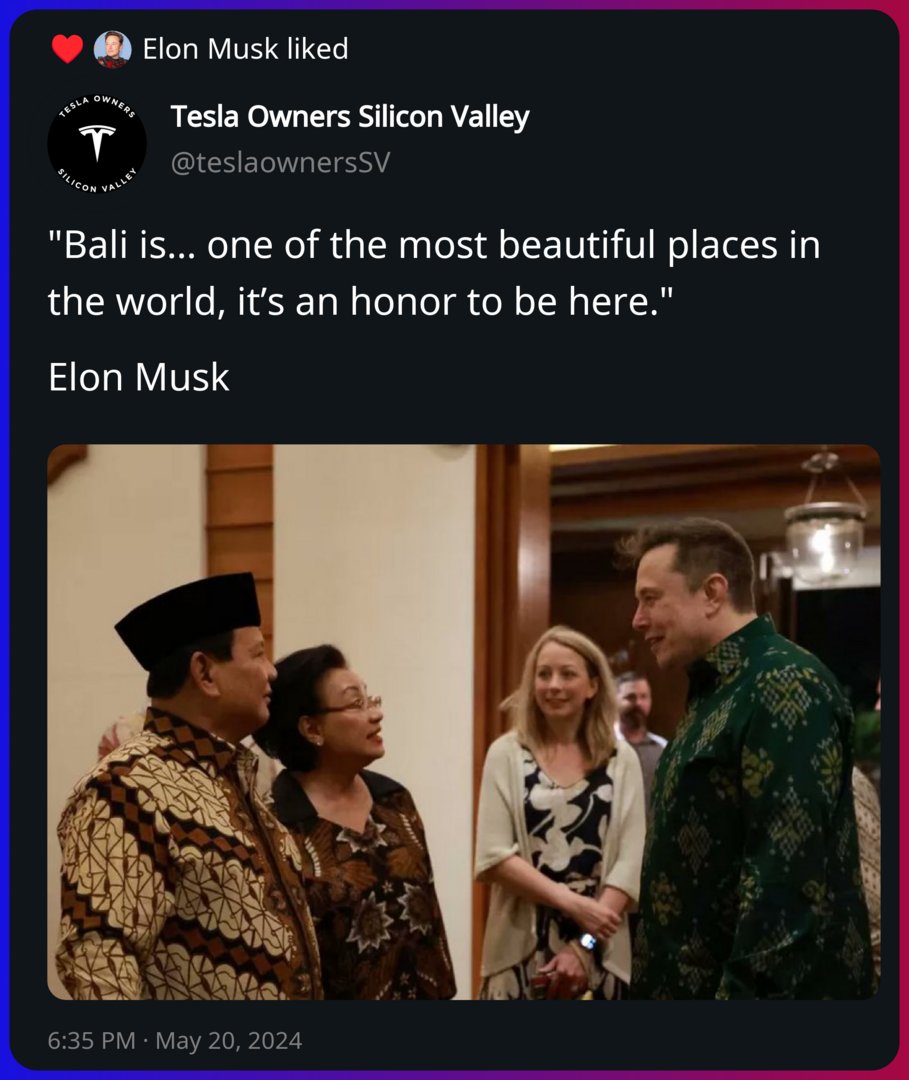 Elon Musk liked a post from Tesla Owners Silicon Valley x.com/teslaownersSV/…