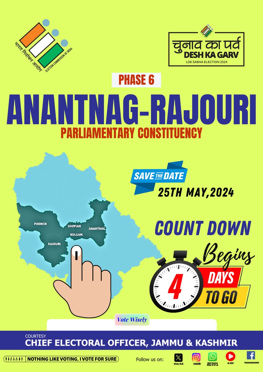 CBCUdhampur's tweet photo. The #CountdownBegins! Make your voice heard, mark your calendars & let's shape the future together! #Election2024 #PhaseVI
@ECISVEEP @SpokespersonECI
#LokSabhaElections2024 #NoVoterToBeLeftBehind #countdownbegins #ChunavKaParv #DeshKaGarv
@ceo_UTJK https://t.co/OwCmep6xNL