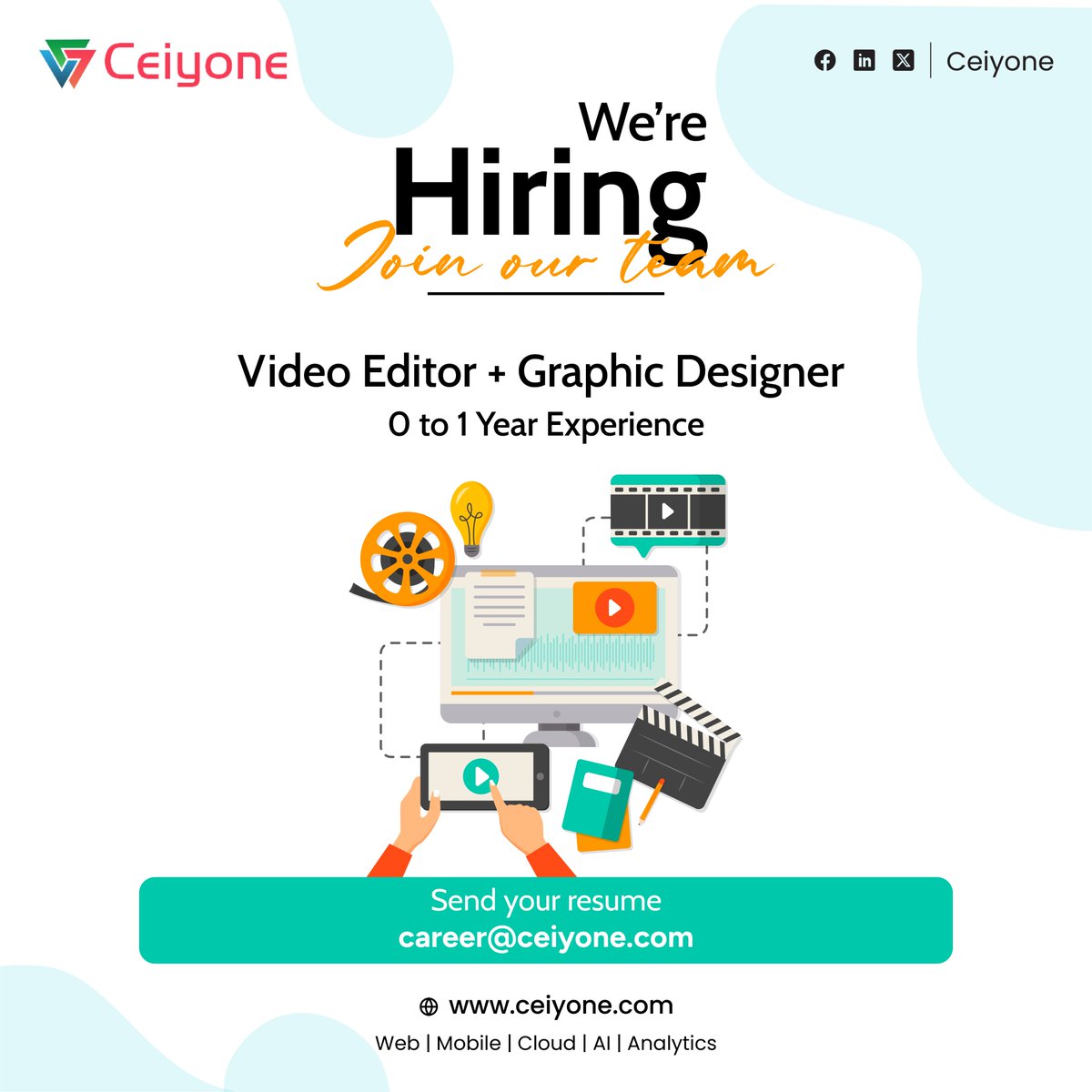 🚀 We Are Hiring! 🚀

Are you a talented Video Editor and Graphic Designer with 1 to 2 years of experience? 

#Hiring #VideoEditing #GraphicDesigner #DesignJobs #JobOpening #WeAreHiring #CareerOpportunity #Ceiyone