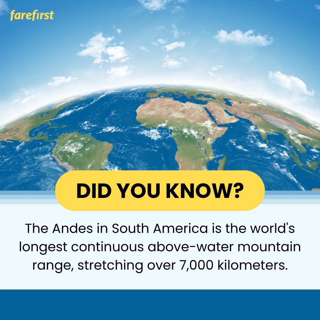 Fact of the day 🫢

The Andes in South America is the world's longest continuous above-water mountain range, stretching over 7,000 kilometers.

#FareFirst #cheapflights #travel #wanderlust #vacation #explore #travelblog #exploretocreate #southamerica #water