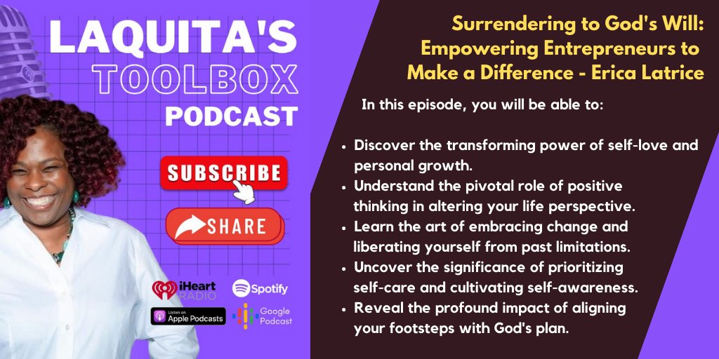 Listening to LaQuita's Toolbox Podcast @laquitamonley1 @pds_ol @wh2pod @bus_ol Episode 19: Surrendering to God's Will: Empowering Entrepreneurs to Make a Difference - Erica Latrice smpl.is/94rj4