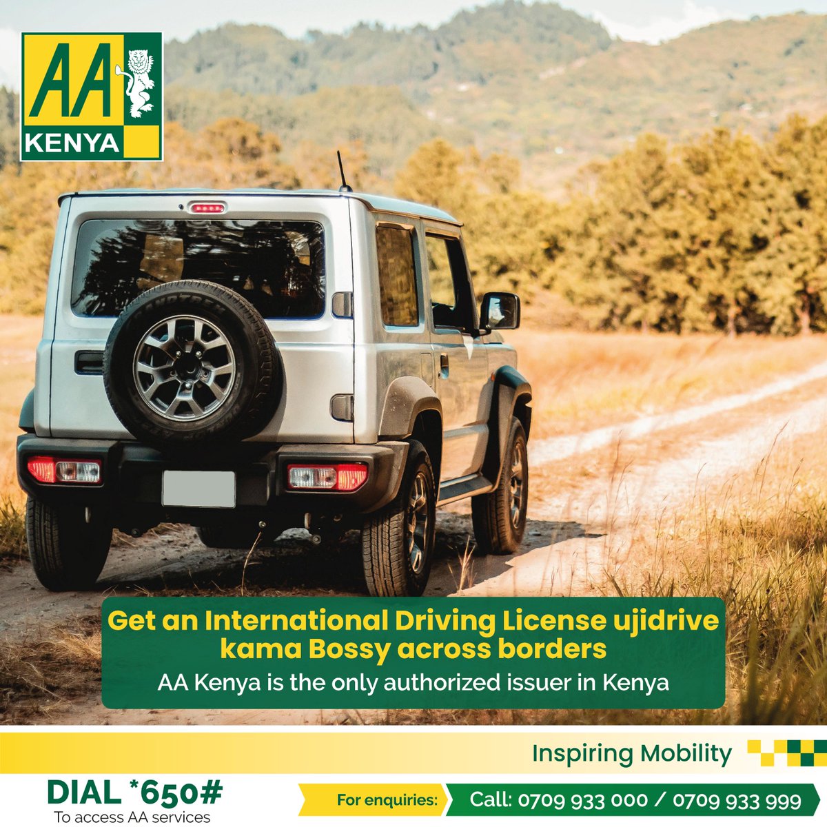 Enhance your travel experience with an International Driving License from AA Kenya. Drive with confidence in countries where a Kenyan license is not enough. Remember, AA Kenya is the only authorized issuer of the IDP in Kenya. For more info, call us on 0709933000/999