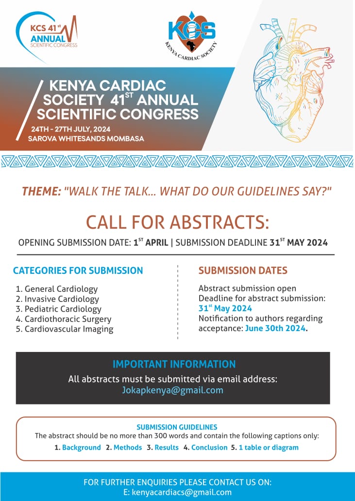 Have you submitted your abstract for the #KCSCongress2024? Only a few days to go till the deadline. Don't miss out! We will be publishing accepted abstracts in a supplement edition of JOKAP (Journal of Kenya Association of Physicians). #KCSCongress #abstract #cardiology