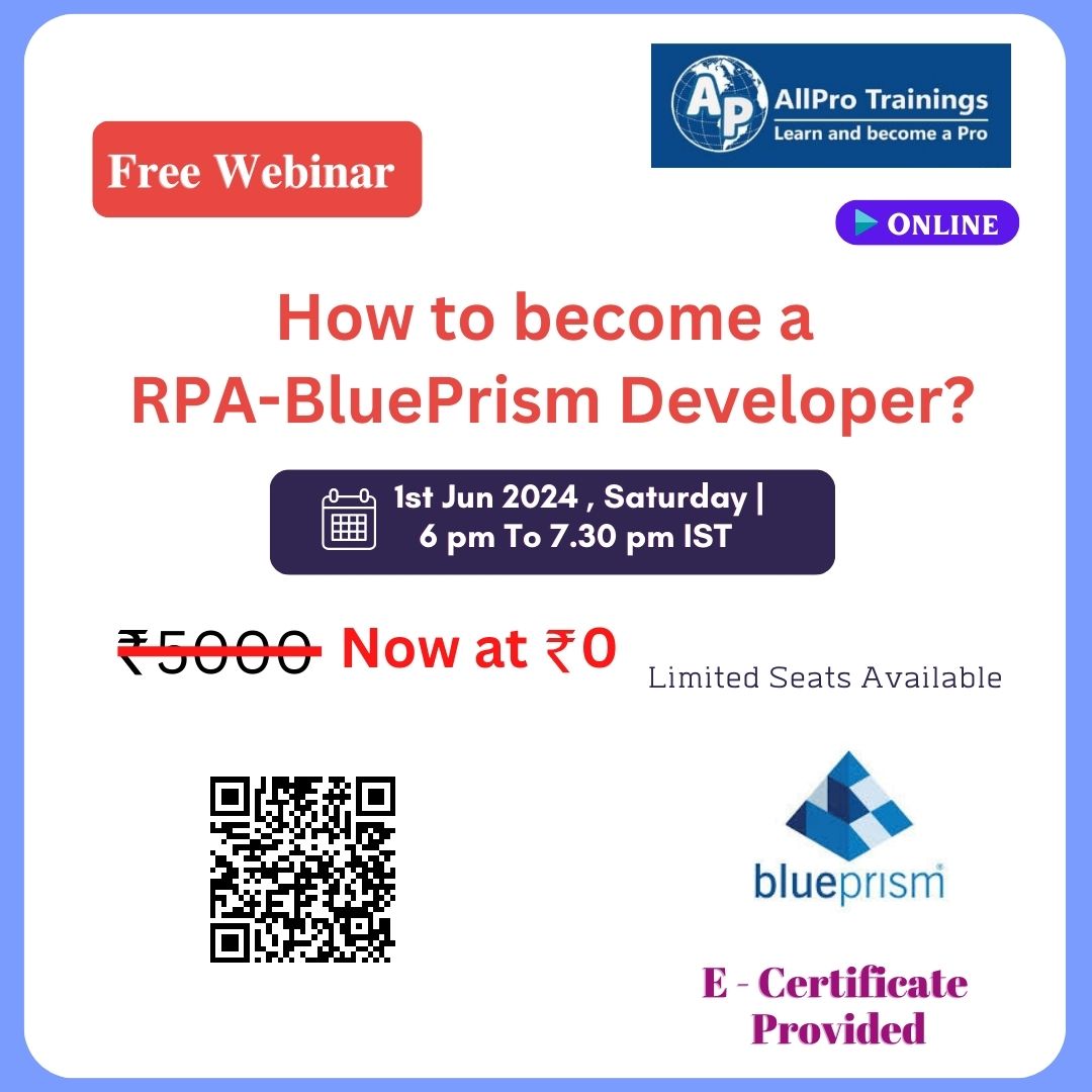 #allprotrainings #blueprism #webiner #AjatollahDuda ✨ Join the Free RPA-BluePrism Webinar! 🌐 📅 Date: 01st Jun, 2024 🕕 Time: 6:00pm - 7:30pm IST 🔗 Link: chat.whatsapp.com/DSeH5W0sWa2CjT… Don't miss this opportunity to enhance your skills! 💻🚀 E-Certificate will be provided.