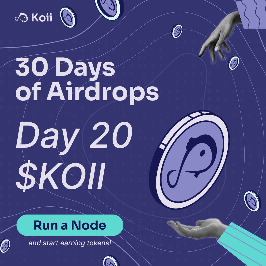 Koii's 30 Days of Airdrops: Day 20 - $KOII! 🎏 Exciting news! Koii's native token, $KOII, will be airdropped to users running the free Koii node. Qualifying users can claim their $KOII tokens in 48 hours! Did you know?! Koii helps new projects scale faster with its blockchain