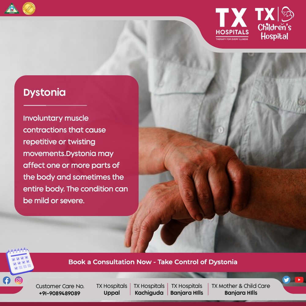 Manage dystonia's challenging symptoms. 🌀 Involuntary contractions cause twisting movements, affecting mobility. Book a consultation to explore your treatment options. Book Now: txhospitals.in/specialities/n… Call Now: 9089489089 #DystoniaAwareness #MoveWithoutLimits #NeuroMovement