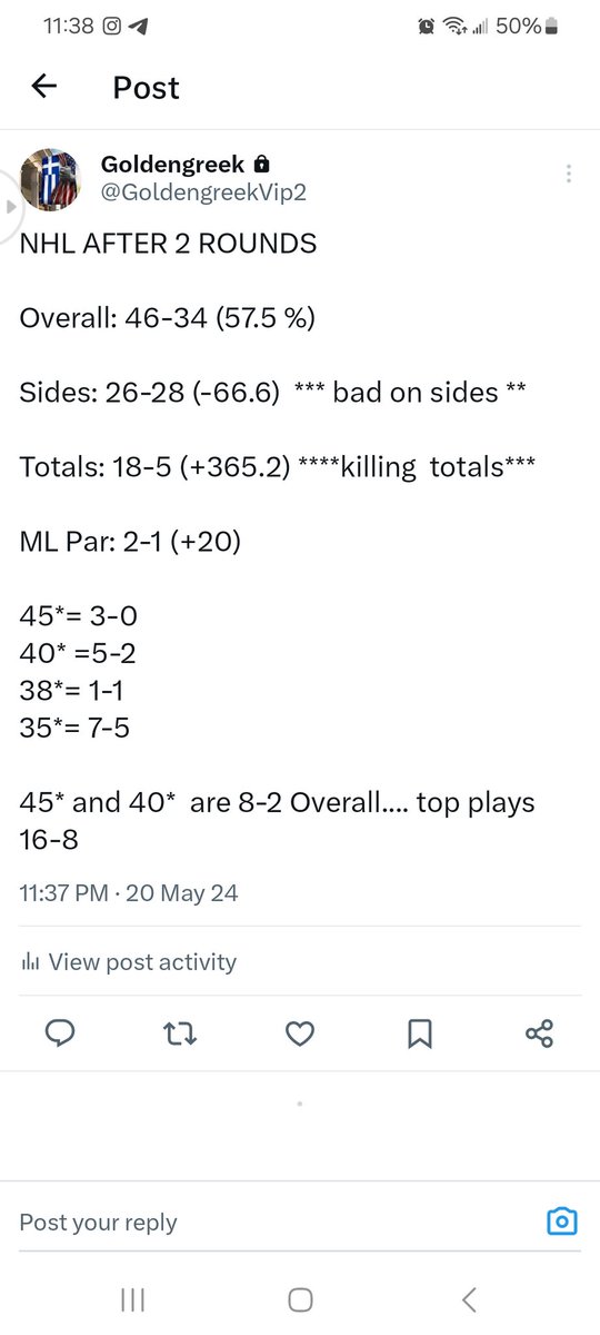 57 % in the NHL after 2 rounds 

Totals are 18-5

Top playd 8-2

🔥🔥

💰💰