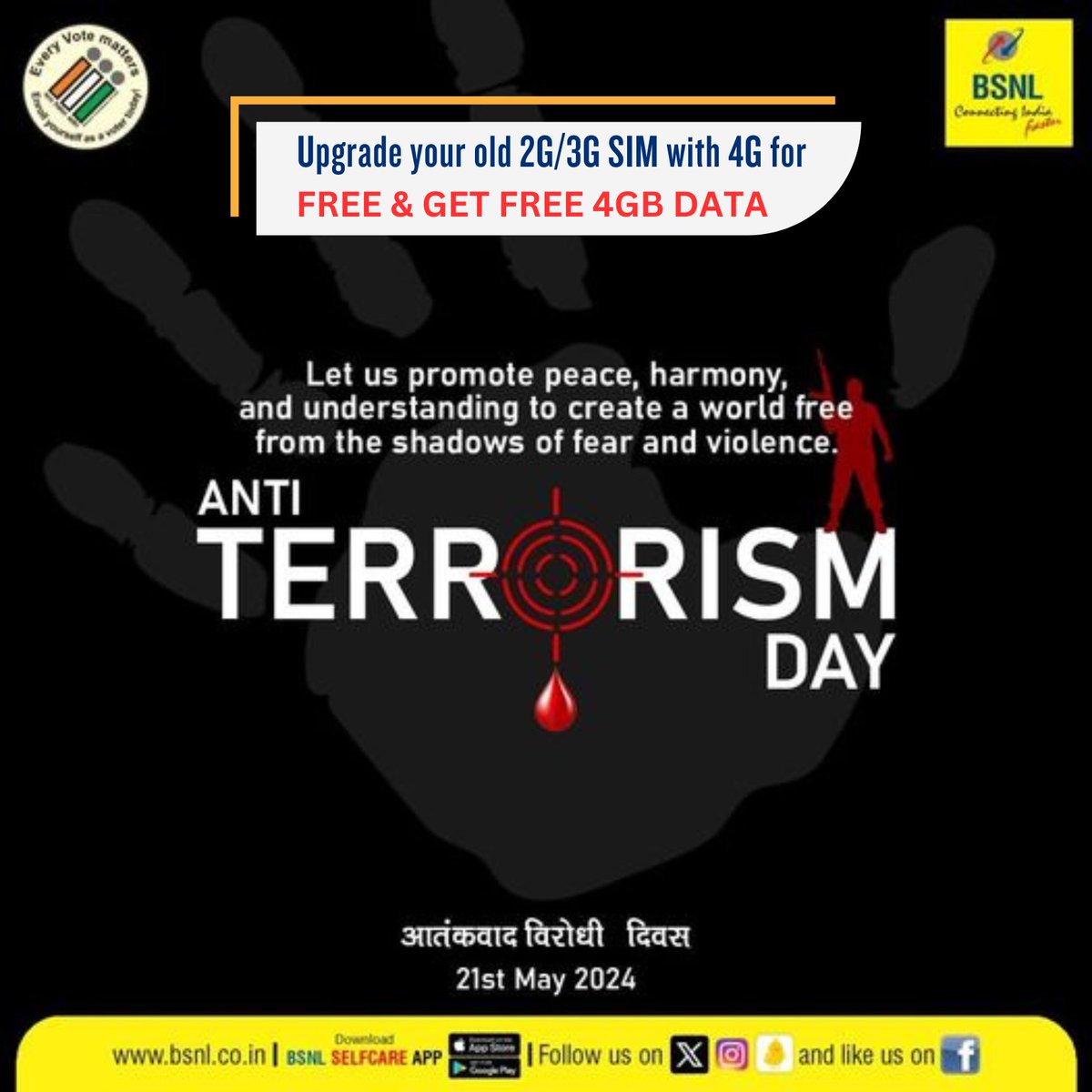 #AntiTerrorismDay, a reminder of the devastating impact of terrorism on lives and societies. Let's unite to create a future where love and compassion prevail over hatred and division.  

#NationalAntiTerrorismDay #BSNL #UnitedAgainstTerrorism #BSNLAP