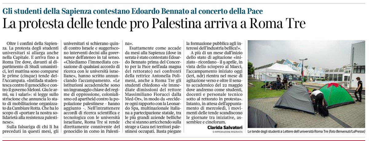 Roma. Monta la protesta contro il genocidio a Gaza. Alla lotta si unisce anche Roma Tre Clarida Salvatori, @Corriere