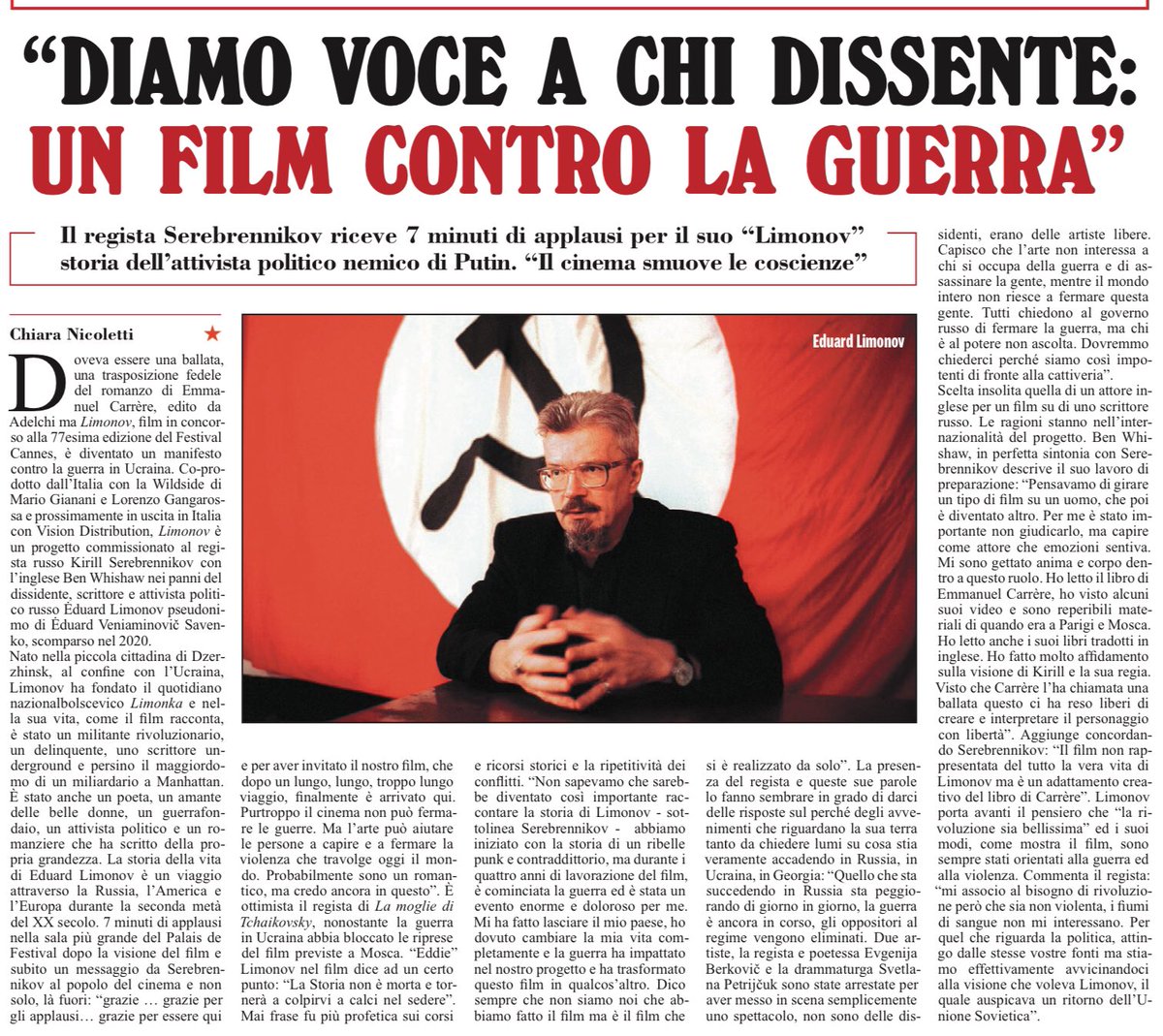 “Diamo voce a chi dissente” Il film pacifista del regista russo Serebrennikov, presentato. Cannes, è un manifesto contro la guerra in Ucraina Chiara Nicoletti, l’Unità