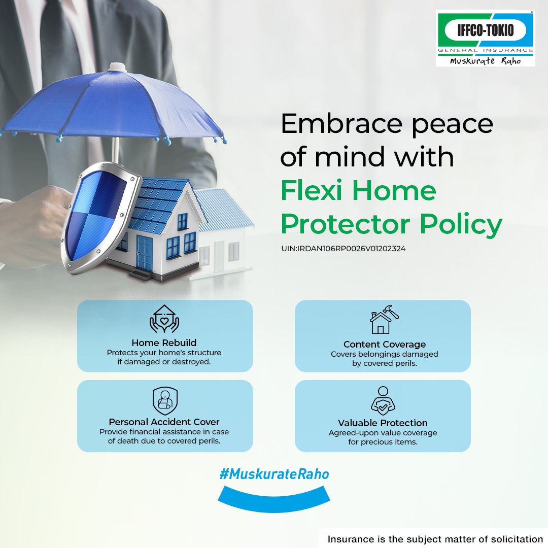 Our comprehensive home insurance policy ensures your home and belongings are safeguarded against unforeseen events. Enjoy peace of mind with our tailored coverage options that fit your unique needs. Know More: bit.ly/3V5xb82 #IFFCOTOKIO #MuskurateRaho