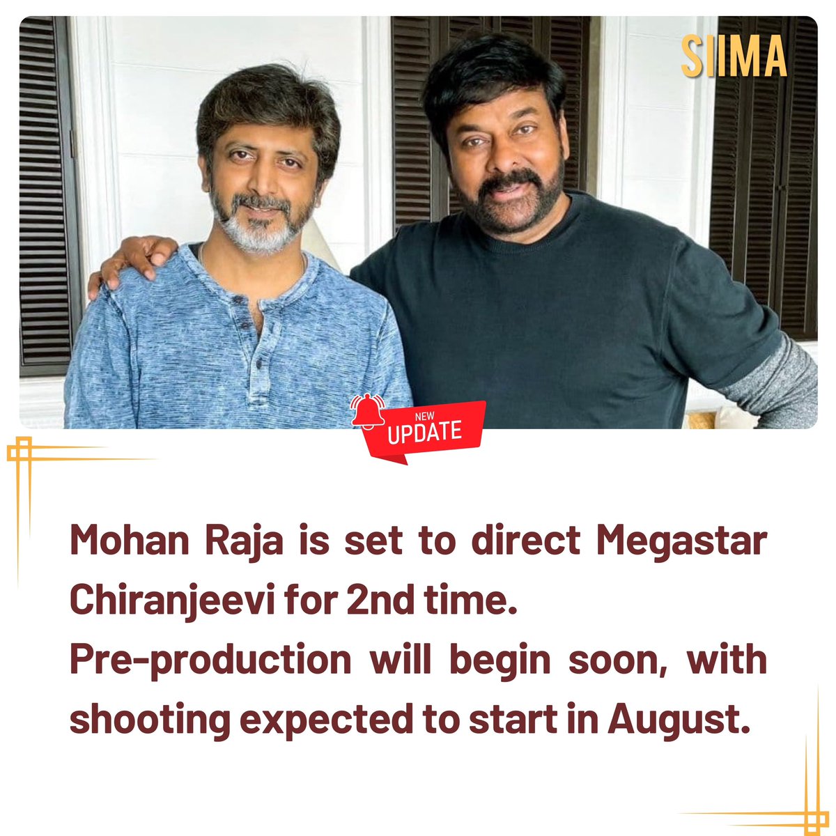 Mohan Raja teams up with Megastar Chiranjeevi once again! 🎬✨ Pre-production kicks off soon, with shooting slated to begin this August. Stay tuned for more updates! #Chiranjeevi #MohanRaja #FilmNews #SIIMA