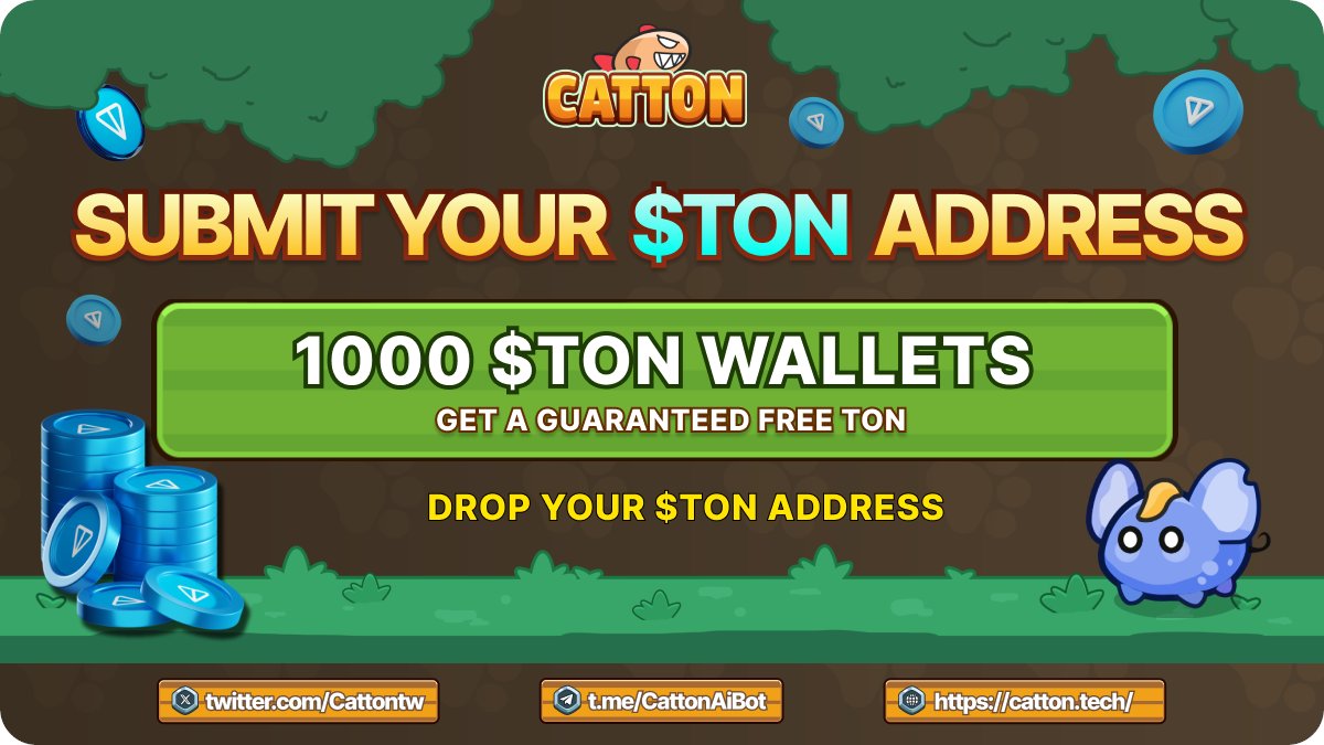 Cattontw's tweet photo. 🪂First 1000 TON wallets get a guaranteed FREE TON (TON Wallet in Telegram: https://t.co/9n685XoF1H)

✅ Complete:
Telegram: Join https://t.co/Vev00hWpvB
Twitter (X): 💟 &amp; 🔁 + Follow 🔔
Drop your $TON address 👇🏻

#Catton #CattonAirdrop #Giveaway #cryppto #airdrop #TON https://t.co/jJvTefCWUf