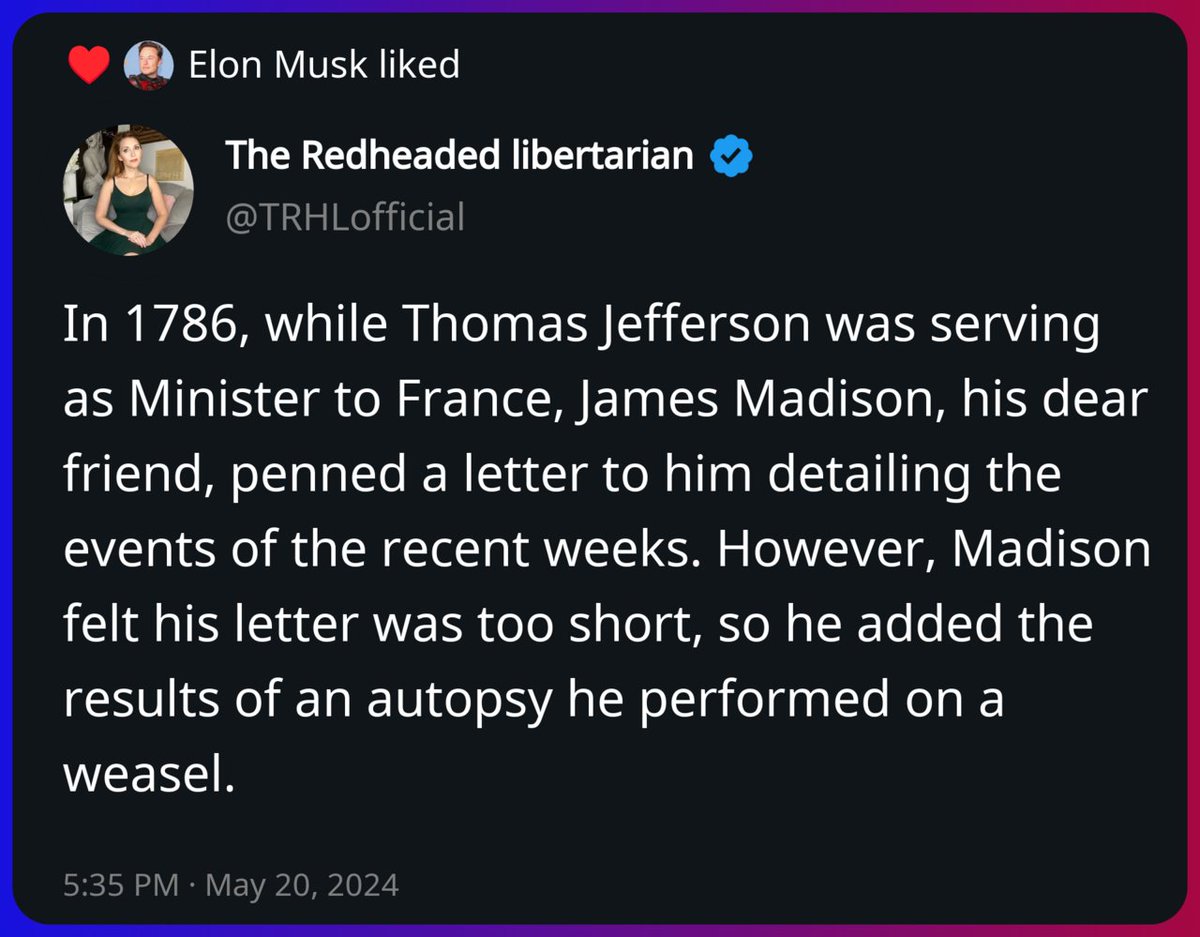 Elon Musk liked a post from The Redheaded libertarian x.com/TRHLofficial/s…