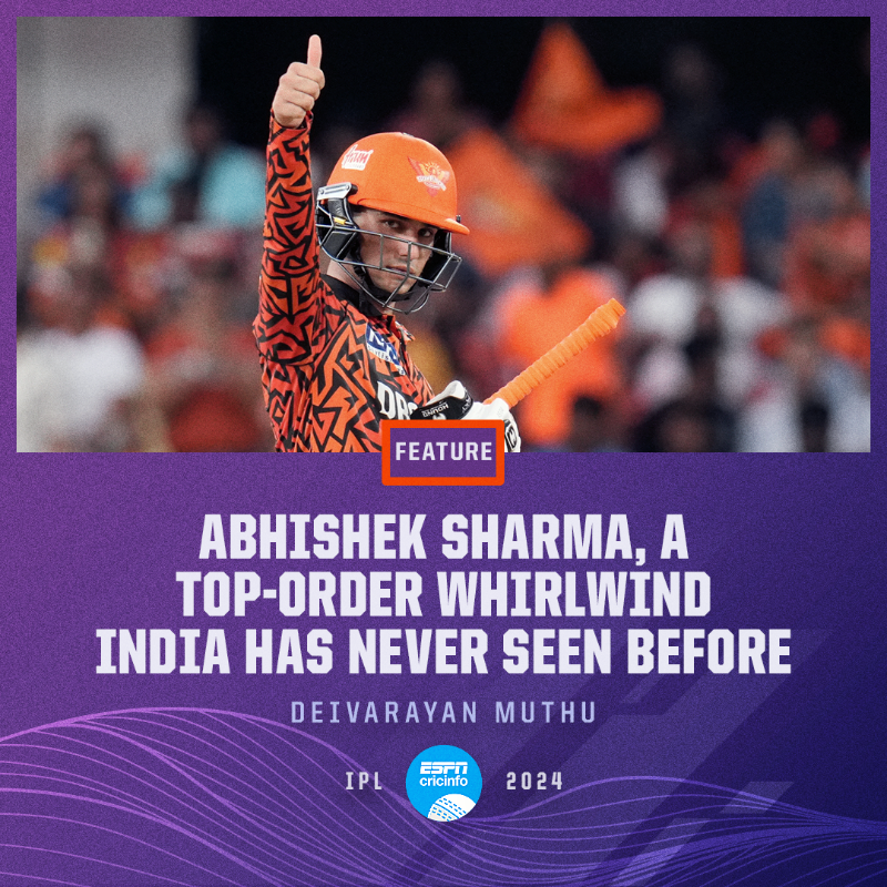 cricinfo's tweet photo. He's been the hyper-aggressive dasher in #IPL2024, but Abhishek Sharma can also be the all-round package who can fit among India's ranks