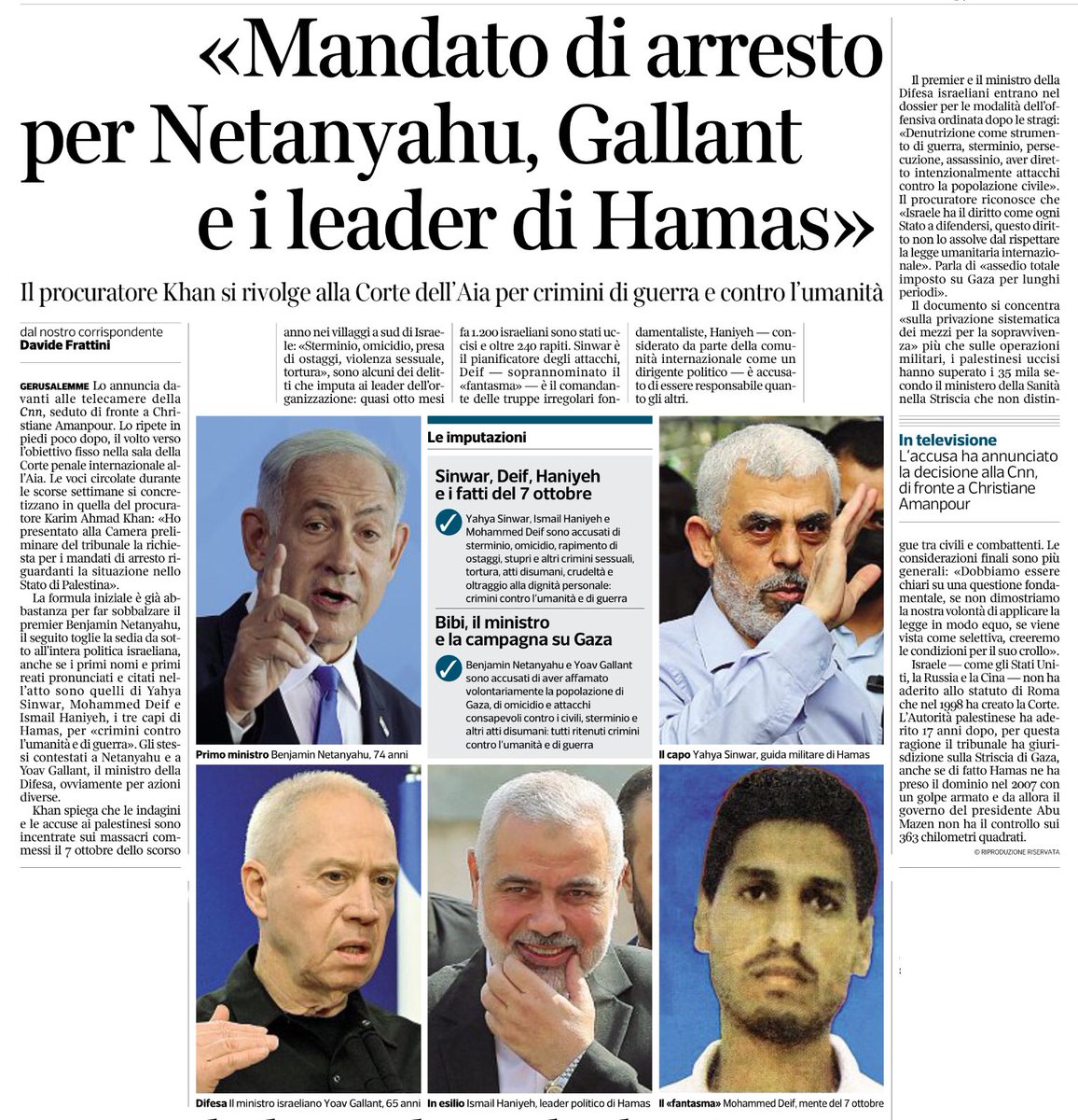 “Mandato di arresto per Netanyahu, Gallant e i leader di Hamas” @dafrattini, @Corriere
