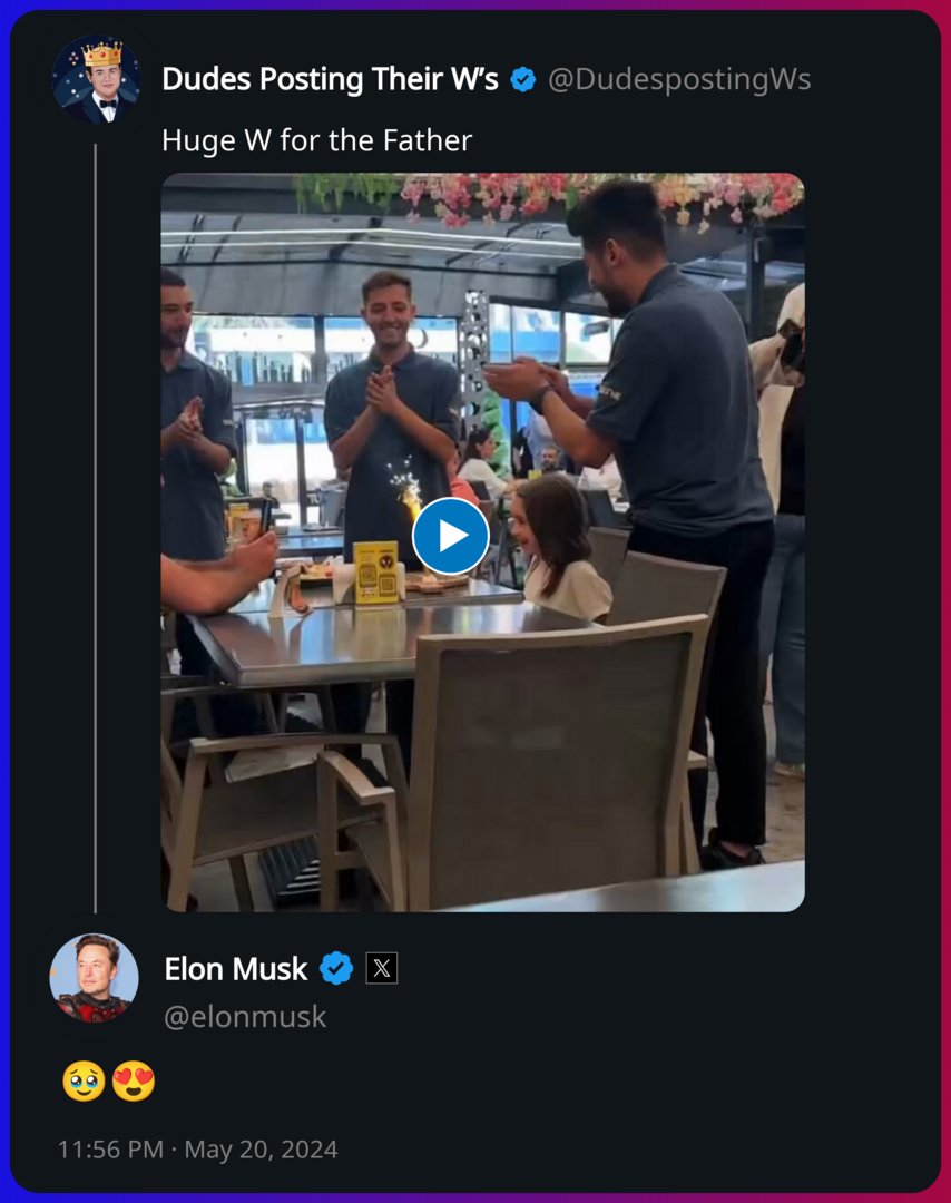 Elon Musk replied to Dudes Posting Their W’s x.com/DudespostingWs…