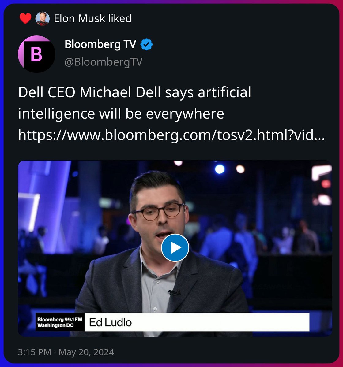 Elon Musk liked a post from Bloomberg TV x.com/BloombergTV/st…