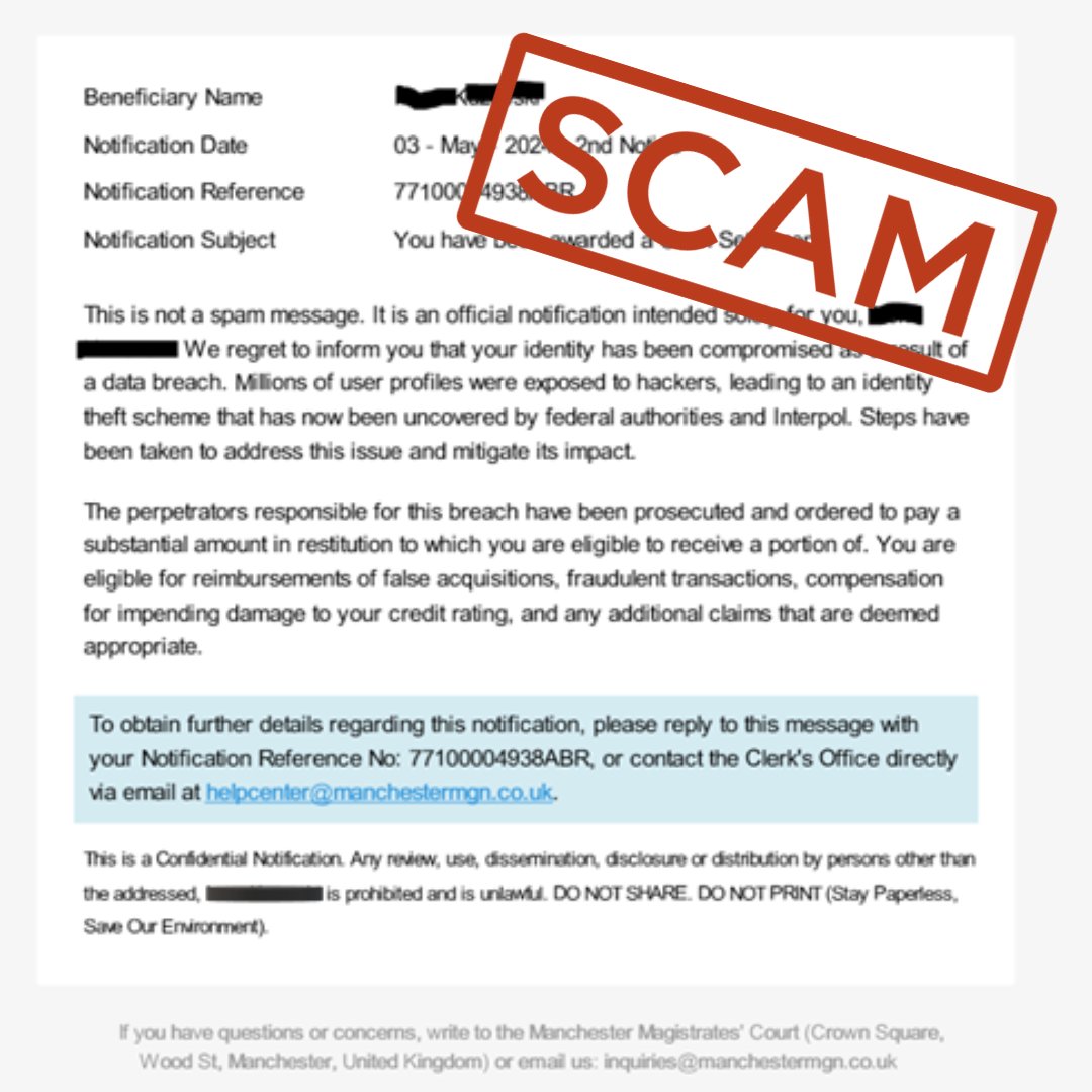 Watch out for scam emails claiming you’re entitled to a cash settlement from a data breach. Don’t share your personal or financial information with anyone you don’t know. Help others by reporting scams you spot to Scamwatch. bit.ly/3ysZEMf