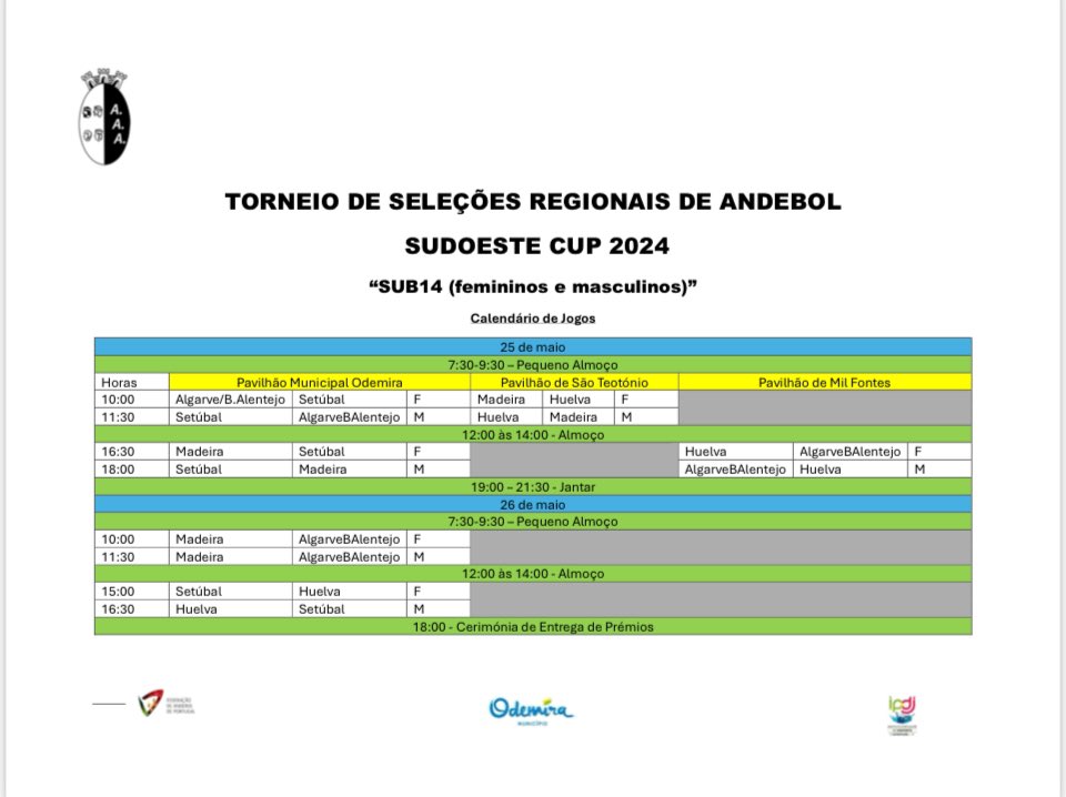 Las Selecciones de Huelva Infantiles Masculina y Femenina participarán este fin de semana en Andebol Cup en Odemira, Portugal.
<a href="/DipuHU/">Diputación de Huelva</a> <a href="/DeporteAND/">Andalucía es Deporte</a> <a href="/FAndaluzaBM/">Federación Andaluza de Balonmano</a> <a href="/huelva14/">HUELVA</a> <a href="/HaroDe58198/">antonio de haro ordoñez</a> <a href="/AndebolPortugal/">Federação de Andebol de Portugal</a> <a href="/Sebastian090578/">Sebastián Fernández</a> <a href="/emsierra1976/">Enrique Sierra</a> <a href="/ManoloRofa/">MANUEL ROFA PEGUERO</a>