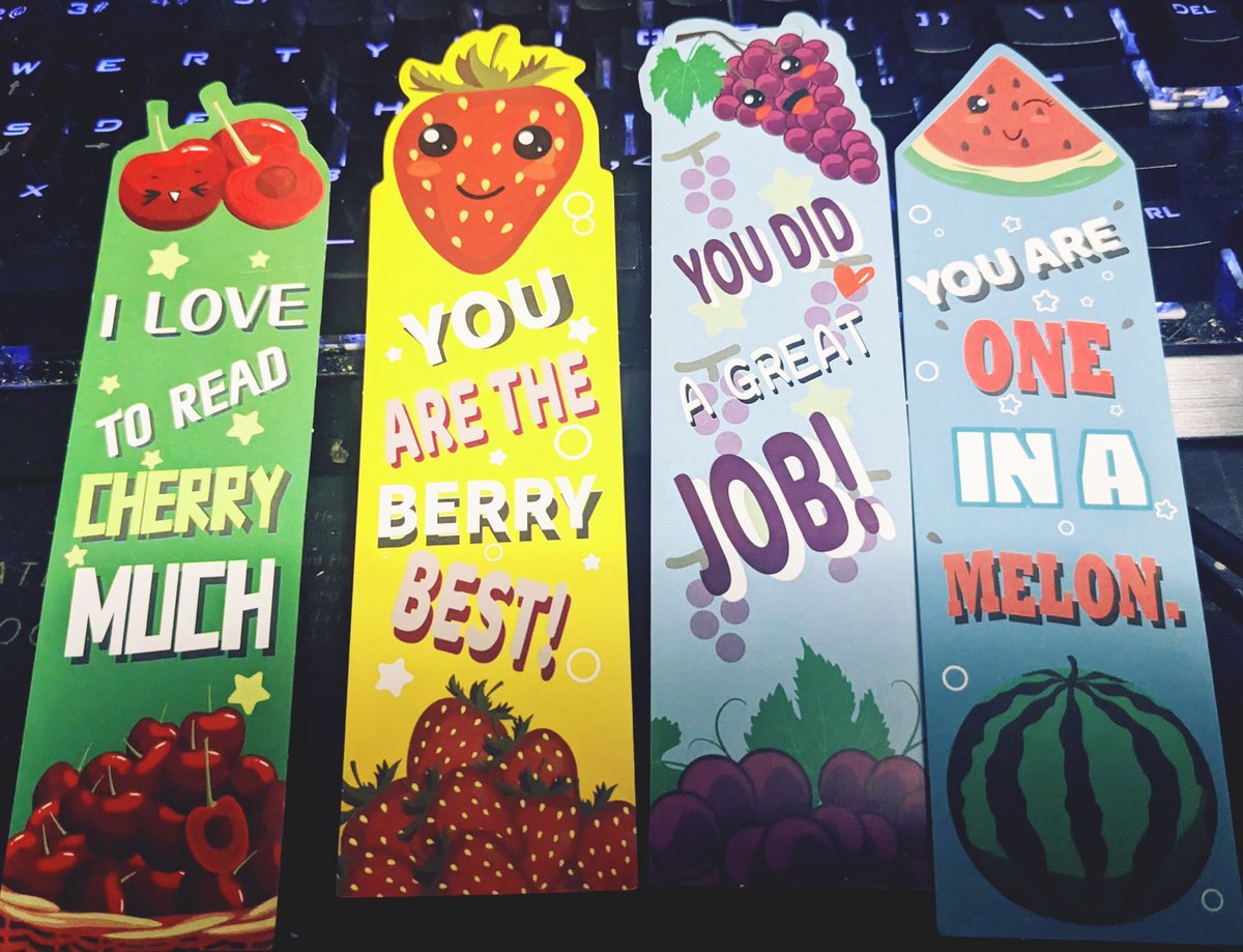 Maven______'s tweet photo. Picked up these cute bookmarks on Amazon. The smell like fruits 😄🍒🍇

They have more options also. Here's the link: https://t.co/pP12Flegzx

#bookmarks #authors #readere #cutebookmark #cute #bookmark #writers #authorsoftwitter #writersoftwitter #fruits #adorable #cutequotes https://t.co/H8uwm4wcZP