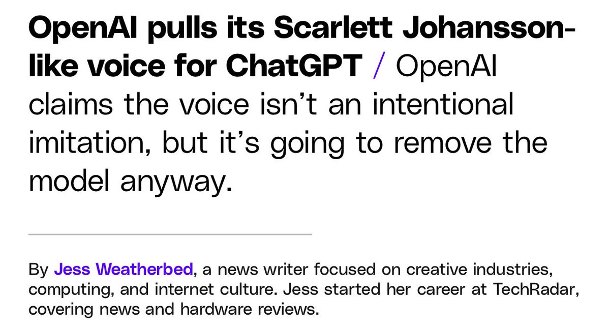 Scarlett’s statement, if true, is pretty damning. I was confused why OpenAI would pull an AI voice if it wasn’t ‘an intentional imitation’? Now it makes sense. Not only was it not a coincidence that it sounded like Scarlett, but they tried to get her to voice it and she said no.