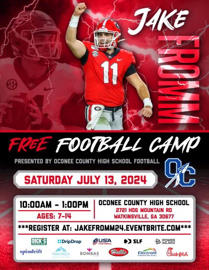 Excited to announce my 2nd annual Jake Fromm Football Camp on July 13th at Oconee County High School! We had an absolute blast last year and we’re looking forward to making it even better this year! Can’t wait and see y’all there !