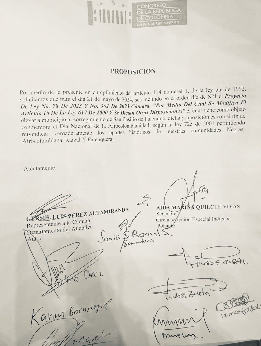GerselPerez's tweet photo. Agradecemos a la honorable mesa directiva del @SenadoGovCo por haber acogido nuestra proposición el día 14 de mayo. En ella, solicitamos que, en conmemoración del día de la afrocolombianidad, se debata en su plenaria de mañana de #1 del orden del día el proyecto de ley #PalenqueMunicipio. 

Este Congreso está comprometido con hacer de esta iniciativa legislativa, una realidad. Mañana con el favor de Dios será un día histórico. 

¡¡¡Que viva San Basilio de Palenque!!!!