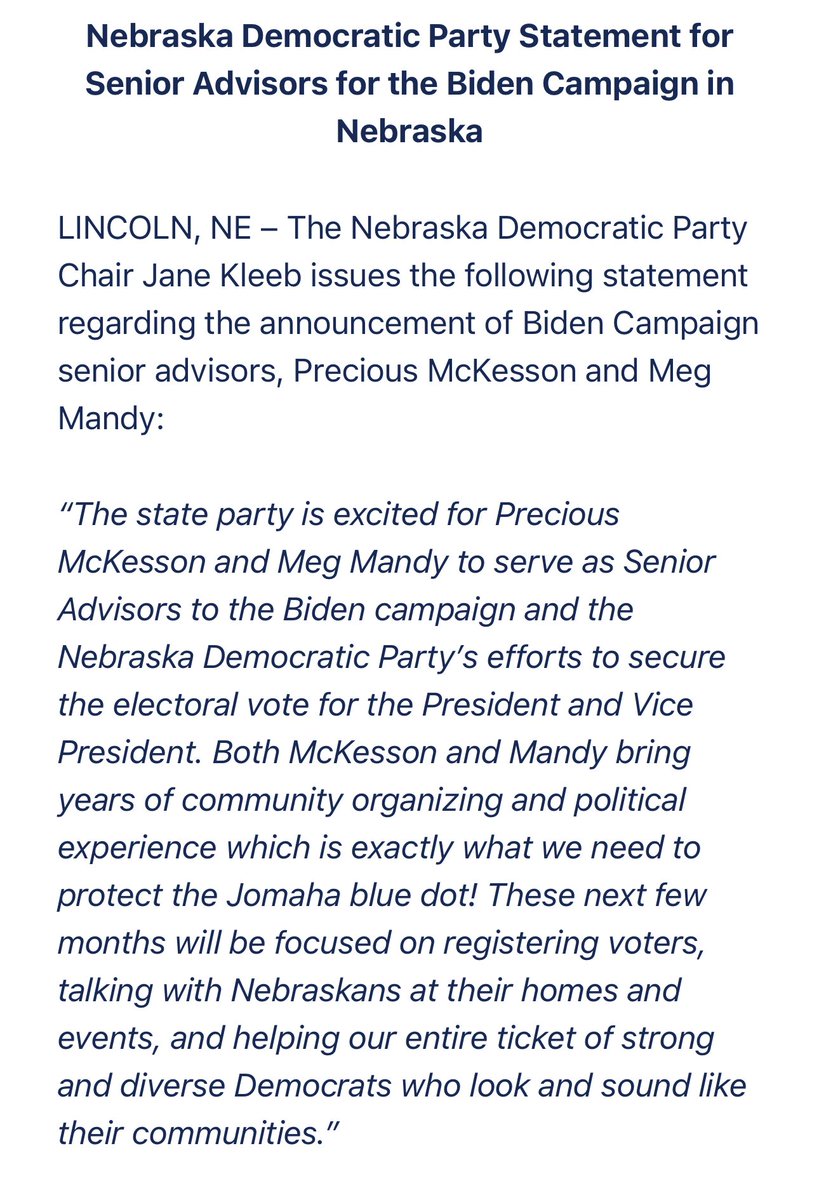 janekleeb's tweet photo. Excited to announce @JoeBiden @KamalaHarris Senior Advisors for Nebraska are @TheCD2Elector and @megmandy! Let’s go #JoMaha 🙌😎https://t.co/Pdp8ouhqQ7 https://t.co/HoBnEMAI4s