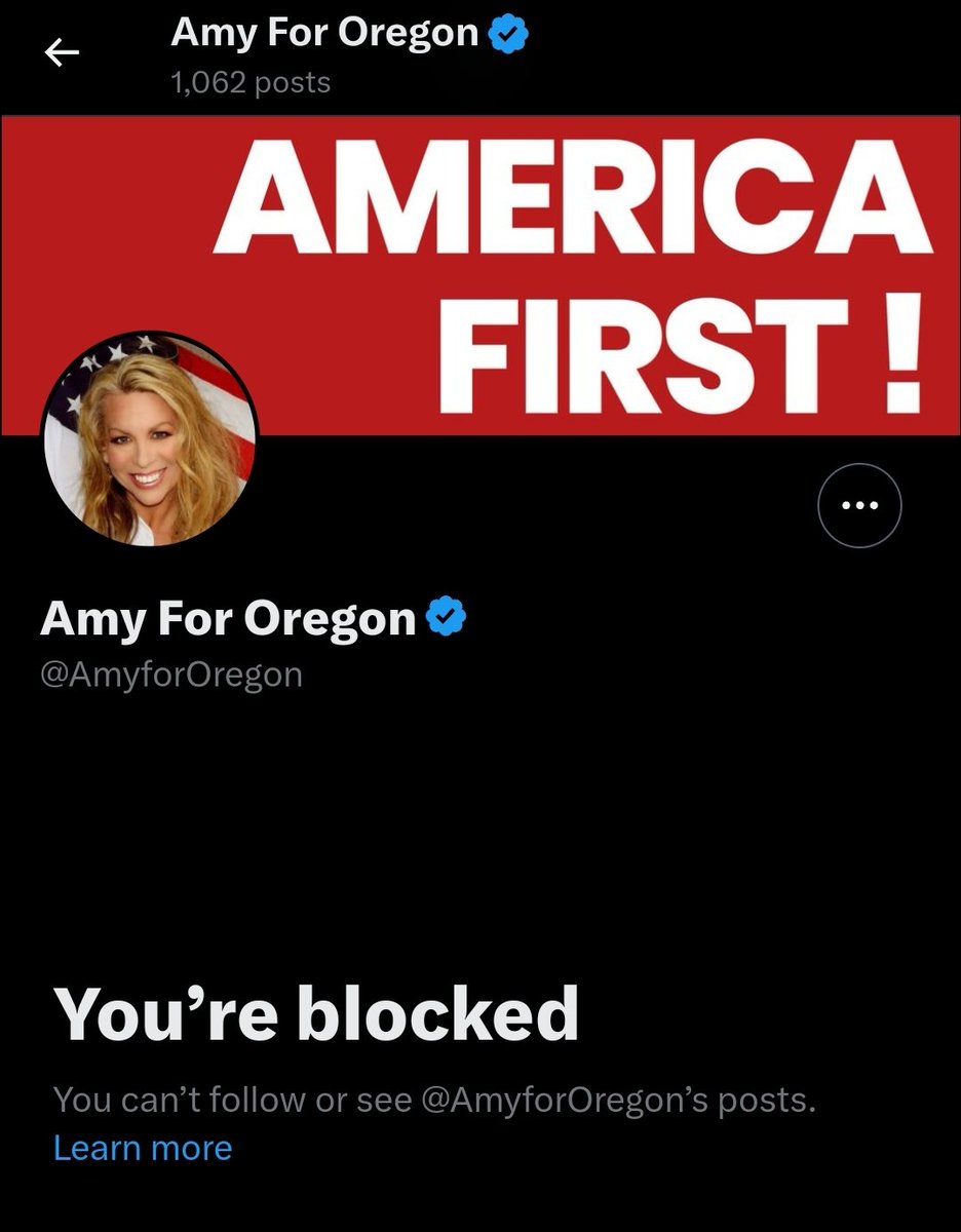 FInally blocked by <a href="/AmyforOregon/">Amy Across America, ARC</a> because I exposed the real her &amp; called her out continously. Oregon, we can do better! 
#Oregon #orcd4 #SalemOR #KeizerOR #amyryancourser #amyfororegon #fascist #racist #bigot #nazi #amyforcongress #Oregoncongress