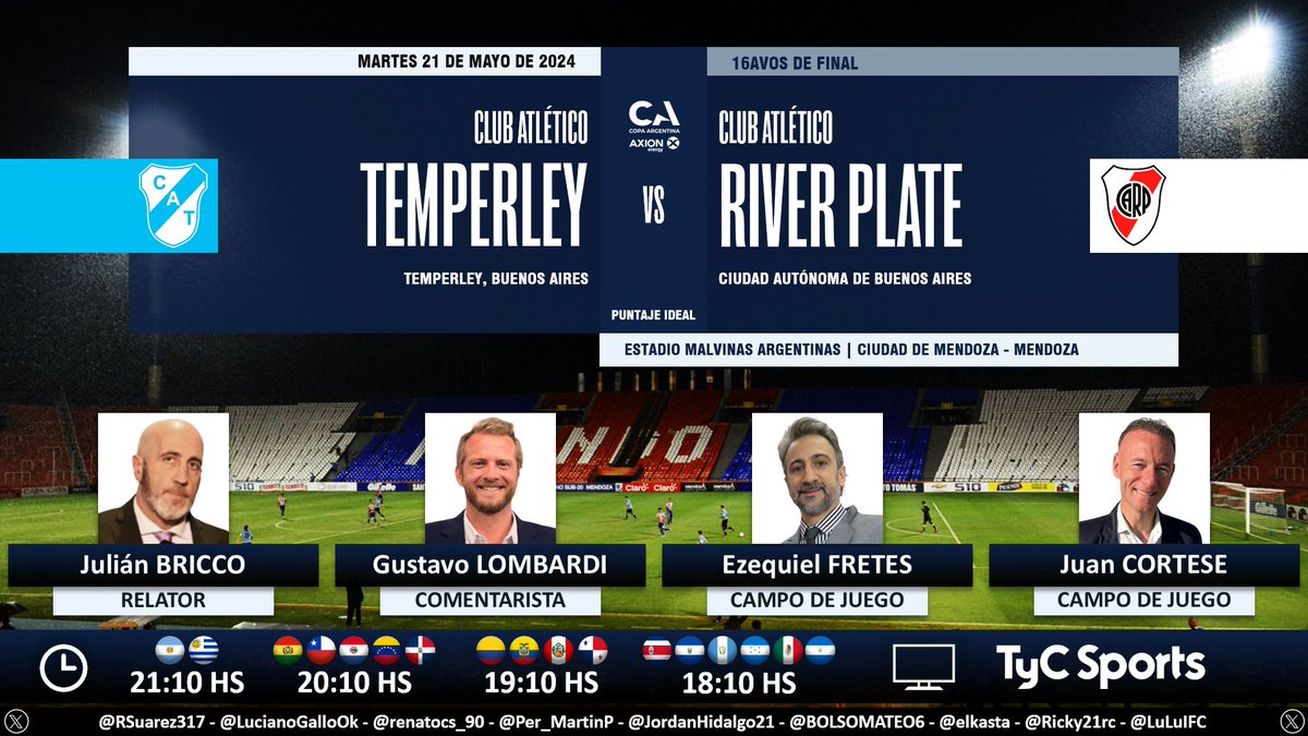 ⚽ #CopaArgentina 🇦🇷 | #Temperley vs. #RiverPlate 🎙 Relator: Julián Bricco 🎙 Comentarista: @lombardigus 🎙 Campo de juego: Ezequiel Fretes y @juancortese 📺 @TyCSports 🇦🇷 y @TyCSports Internacional 💻📱 @TyCSportsPlay 🇦🇷 🤳 #CopaArgentinaEnTyCSports Dale RT 🔃