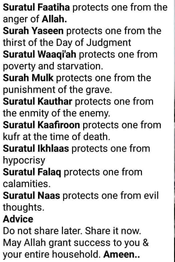 Benefits of Surahs
