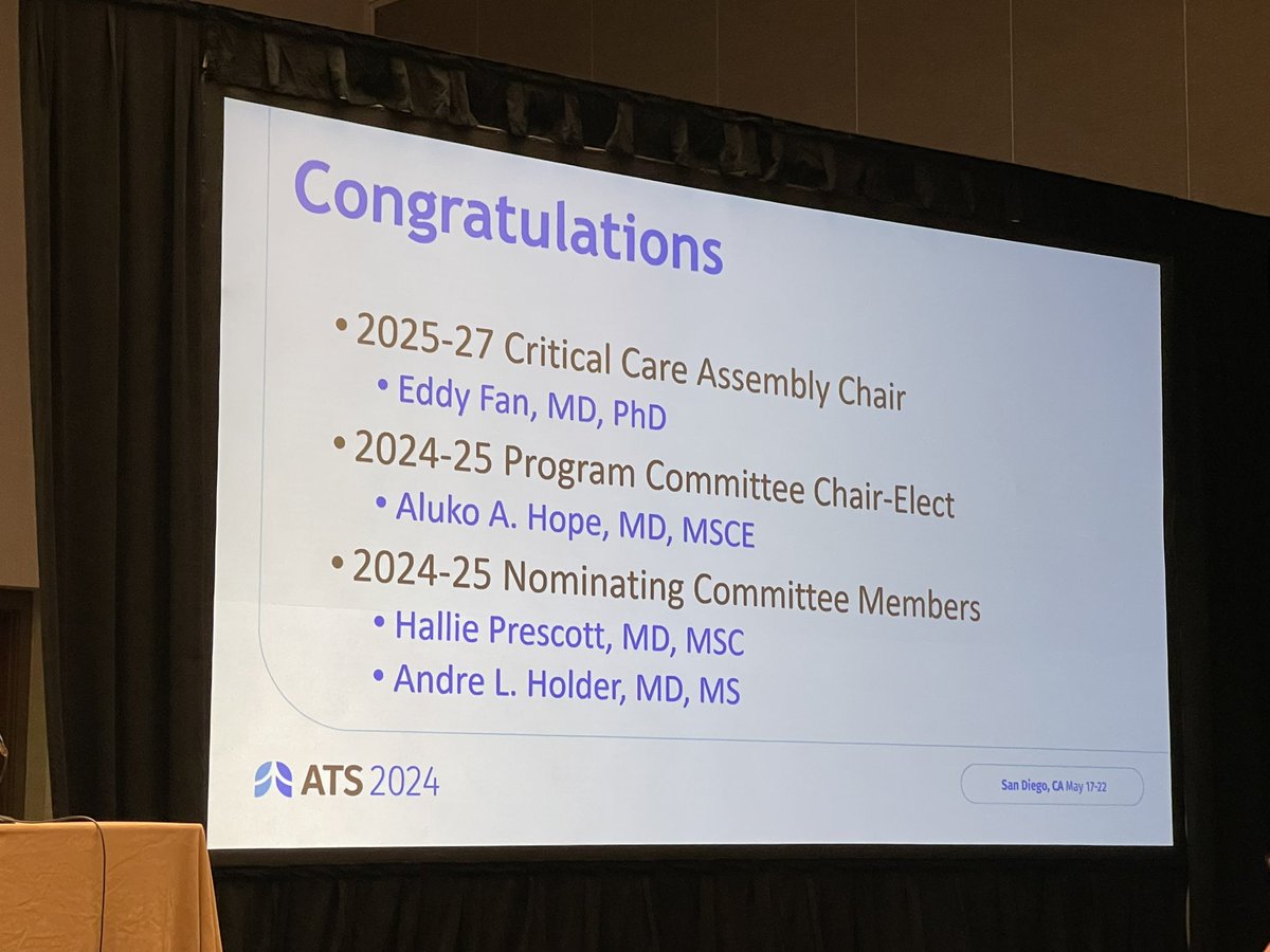ATS Crit Care (@atscritcare) on Twitter photo @Terri_Hough <a href="/MichelleNgGong/">Michelle Ng Gong</a> announcing the exciting new chairs! Congrats <a href="/efan75/">Eddy Fan</a> <a href="/hopealuko/">Aluko A. Hope</a> Hallie Prescott and Andre Holder! @Terri_Hough <a href="/MichelleNgGong/">Michelle Ng Gong</a> announcing the exciting new chairs! Congrats <a href="/efan75/">Eddy Fan</a> <a href="/hopealuko/">Aluko A. Hope</a> Hallie Prescott and Andre Holder!
